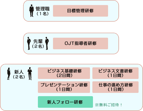 管理職（２名）→目標管理研修　先輩（２名）→OJT指導者研修　新人（２名）→ビジネス基礎研修、ビジネス文書研修、プレゼンテーション研修、仕事のすすめ方研修