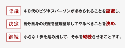 40代のビジネスパーソンが求められることを認識し、自分自身の状況を整理整頓してやるべきことを決め、小さな1歩を踏み出して、それを継続させることです。