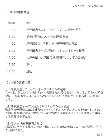 時系列で日報を書く場合の例