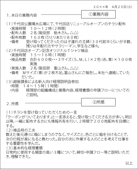 ３０分程度で重要なものを３つ挙げて日報を書く場合の例