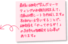 最後に研修で学んだマーケティングの知識を踏まえて、活動目標シートを作成します。具体的に文字にすることで、研修後も「やってやるぞ！」の気持ちが継続する効果があります。