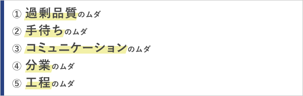 ①過剰品質のムダ、②手待ちのムダ、③コミュニケーションのムダ、④分業のムダ、⑤工程のムダ