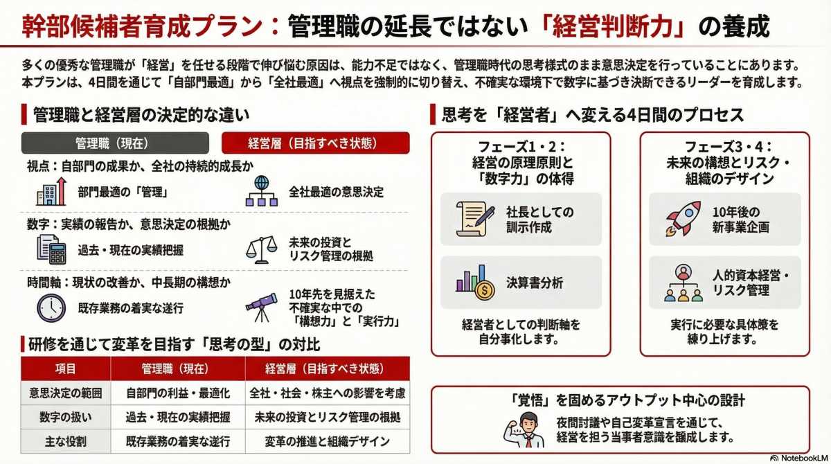 幹部候補者育成プラン｜経営マインド・数字・構想力で経営判断の軸を鍛える４日間