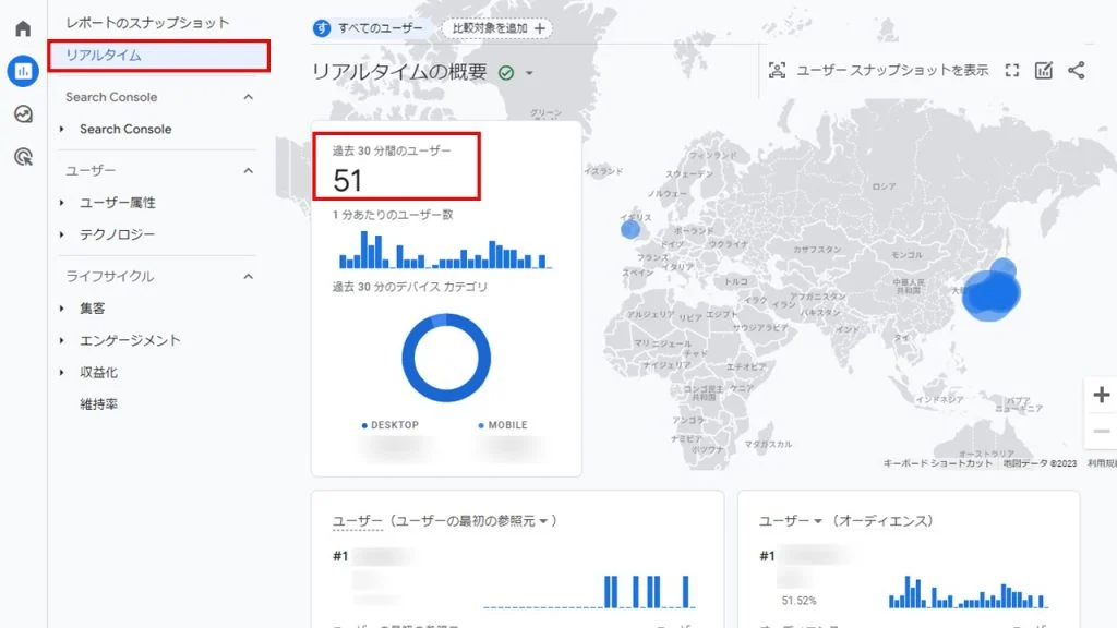 レポート→リアルタイムの概要のスクリーンショット