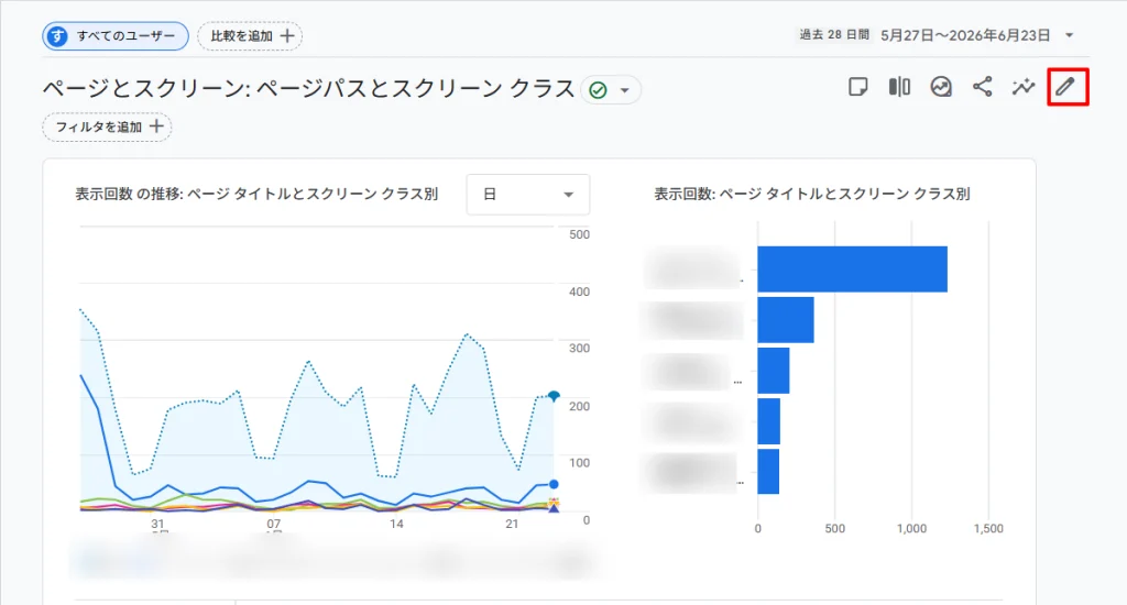 GA4画面イメージ。ページとスクリーン:ページパスとスクリーンクラス